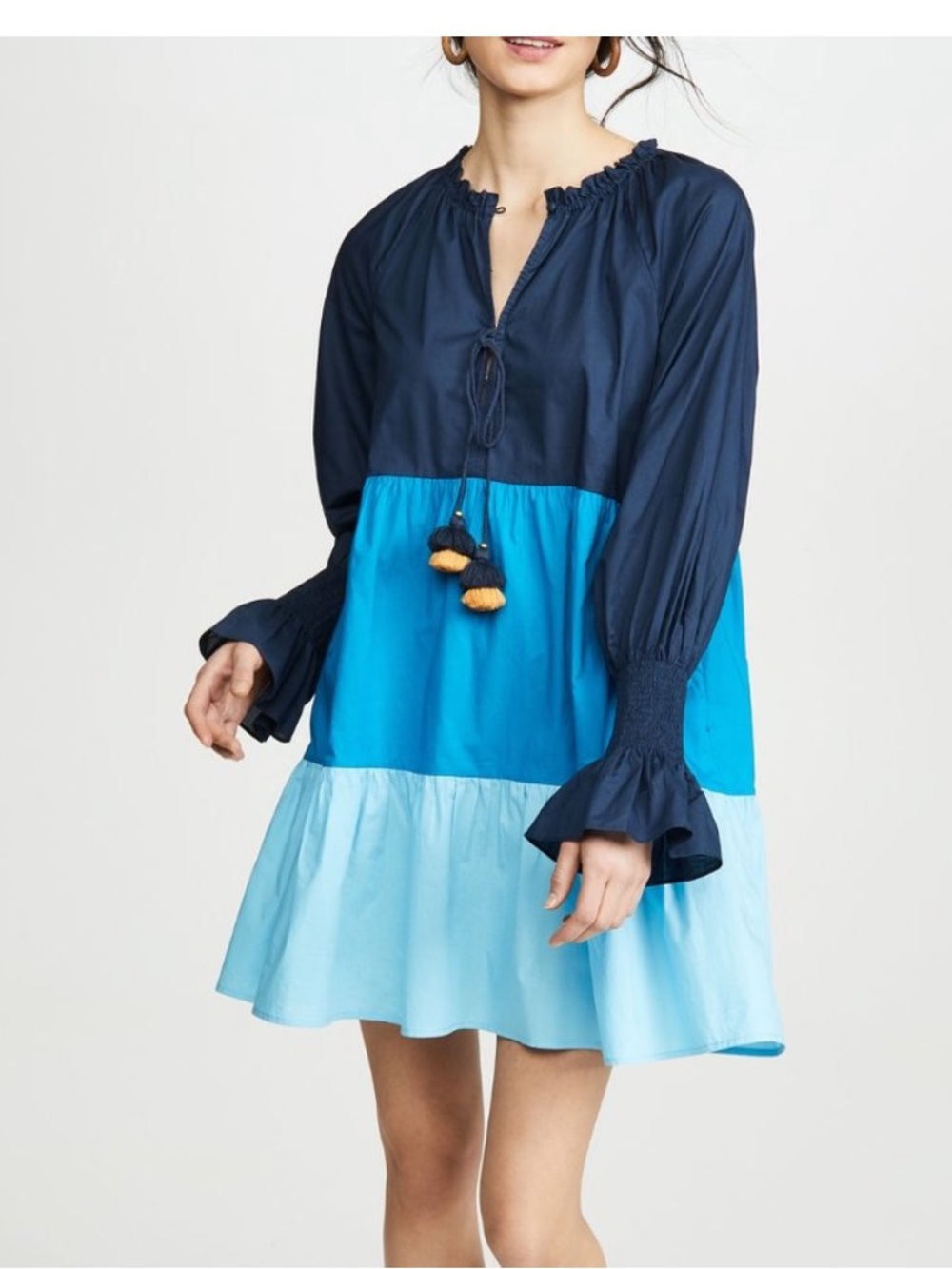 Figue Bella Dress Long Sleeves Tiered Blue Color Block Size Small